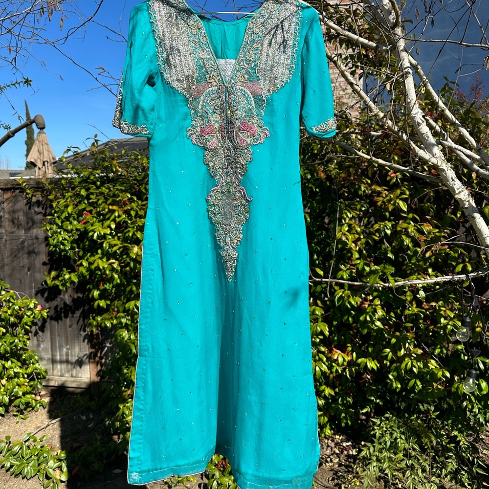 Pure chiffon heavy embroidery Pakistani outfit long kameez